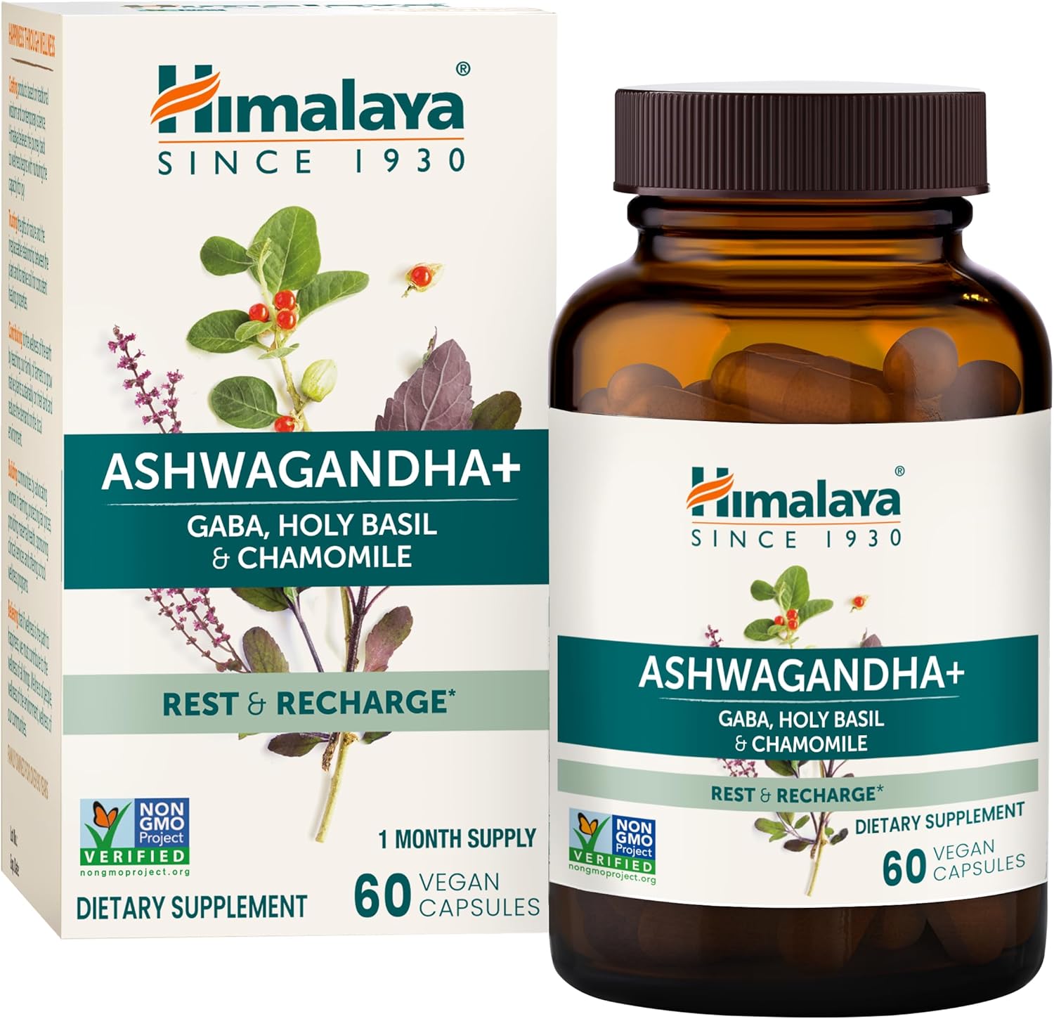 Himalaya Ashwagandha+, With Gaba, Holy Basil & Chamomile For Reset, Relaxation & Stress Relief, Vegan, Gluten Free, 540 Mg, 60 Vegetarian Capsules, 1 Month Supply