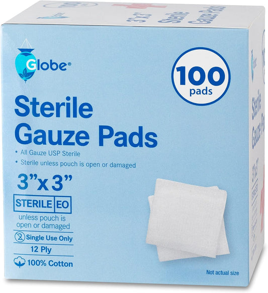 Globe 3’’ X 3’’ Advanced Sterile Gauze Pads For Wound Dressing| 100-Pack, Individually Packed | 12-Ply Cotton & Highly Absorbent| Gauze Sponge-Pads For Wound Care & Home First Aid Kits (3 X 3)