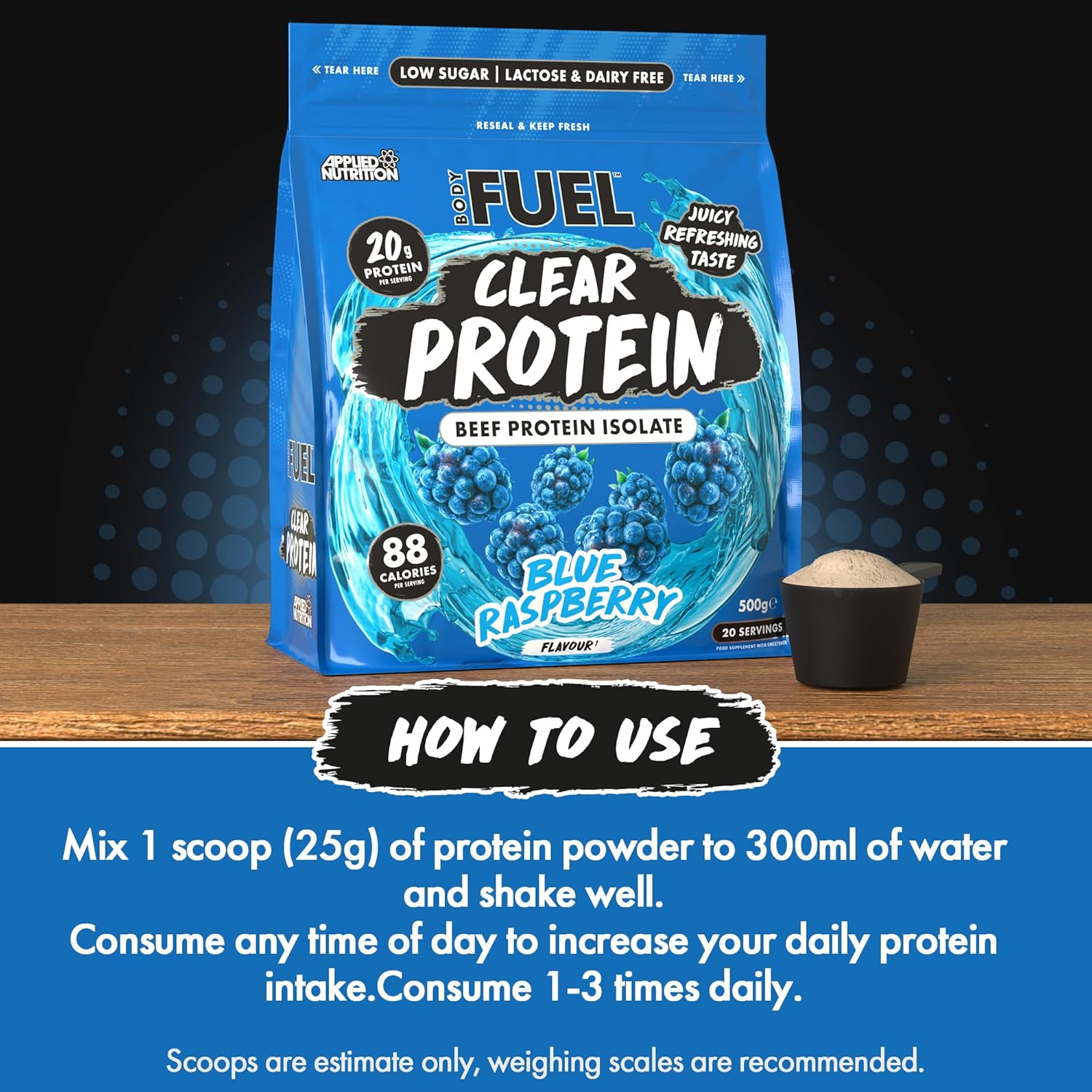 BodyFuel Clear Protein - Beef Protein Isolate - Clear & Refreshing - Best Low Sugar & Lactose-Free Protein Supplement - Muscle Support (500g - 20 Servings) (Blue Raspberry) : Amazon.co.uk: Health & Personal Care