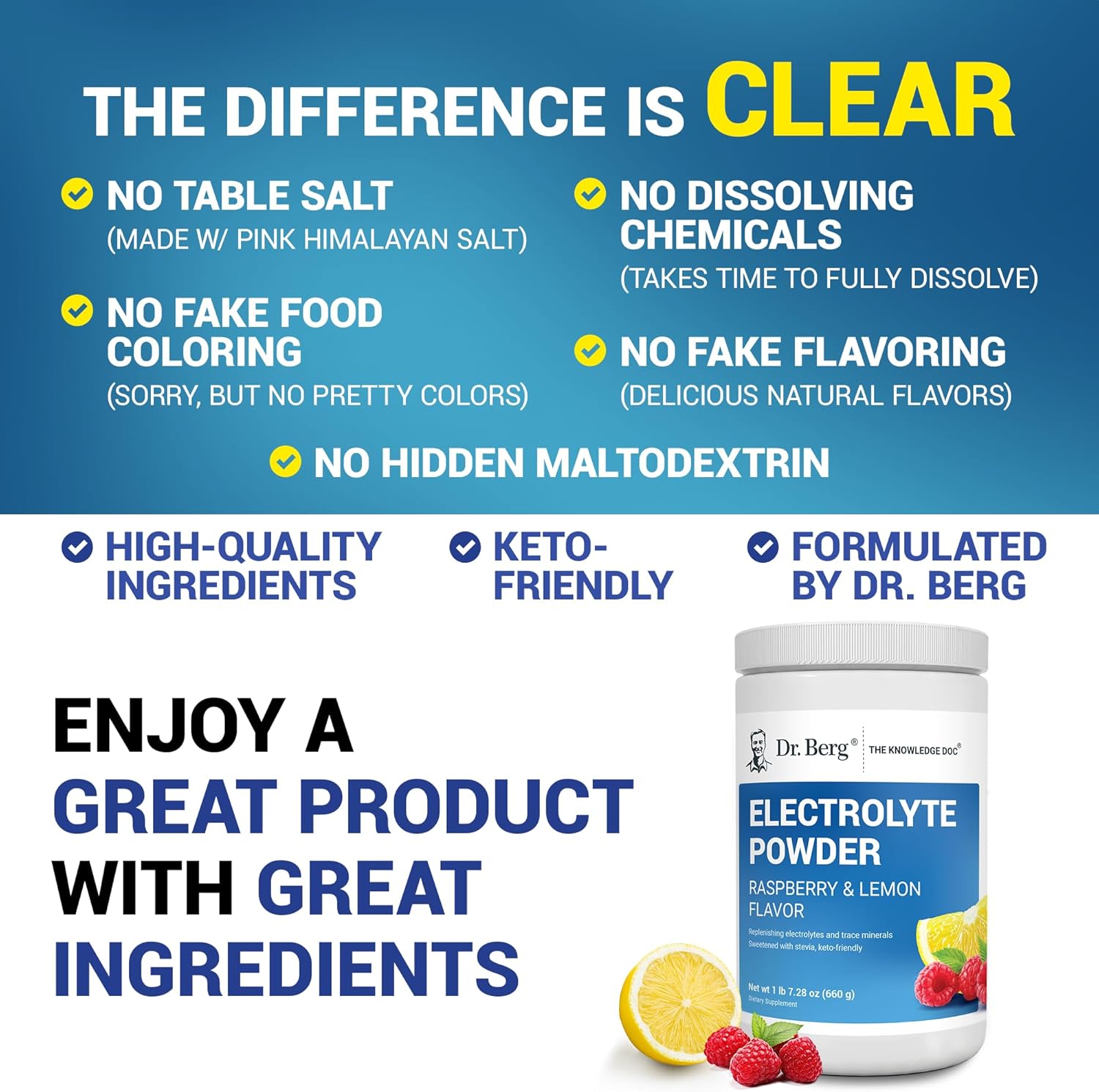 Dr. Berg Zero Sugar Hydration Keto Electrolyte Powder - Enhanced w/ 1000 mg of Potassium & Real Pink Himalayan Salt (NOT Table Salt) - Raspberry & Lemon Flavor Hydration Drink Supplement, 100 Servings : Health & Household