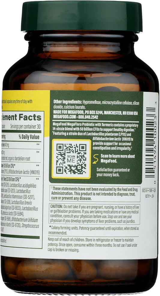 Megafood Megaflora Probiotic + Prebiotics + Turmeric - Probiotics For Women & Men - Probiotics For Digestive Health - 50 Billion Cfus - 14 Strains - Vegan - Non-Gmo - 60 Caps (30 Servings)