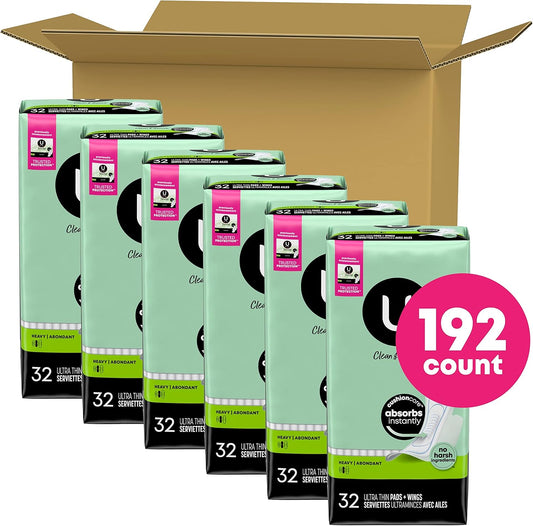 U By Kotex Clean & Secure Ultra Thin Pads With Wings, Heavy Absorbency, 192 Count (6 Packs Of 32) (Packaging May Vary)