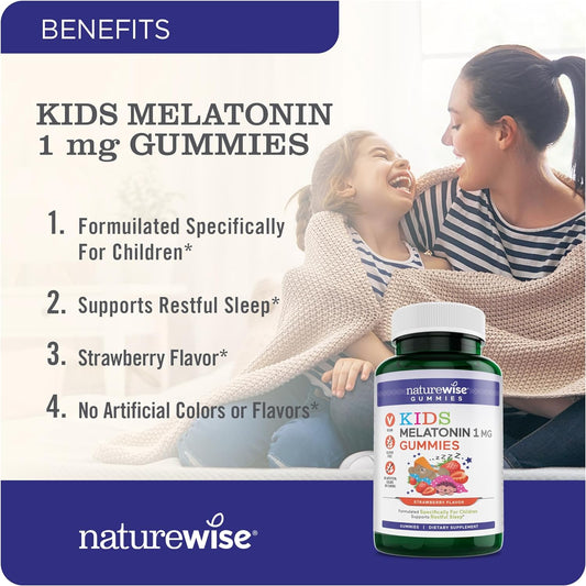 Naturewise Kids Melatonin Gummy 1 mg - Occasional Sleep Support Supplement - Drug-Free Sleep Aid for Kids Ages 4 & Up - Strawberry Flavored - Vegan, Gluten Free, Non-GMO - 60 Gummies[2-Month Supply]