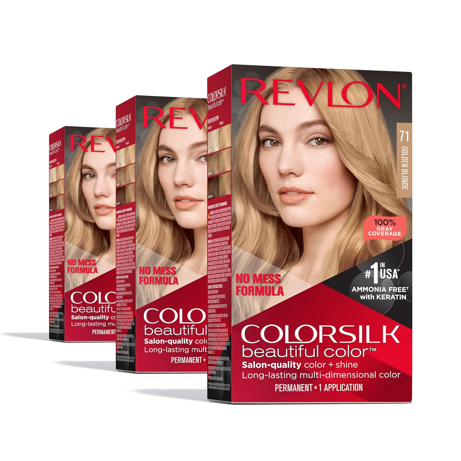 Revlon Colorsilk Beautiful Color Permanent Hair Color, Long-Lasting High-Definition Color, Shine & Silky Softness With 100% Gray Coverage, Ammonia Free, 71 Golden Blonde, 3 Pack