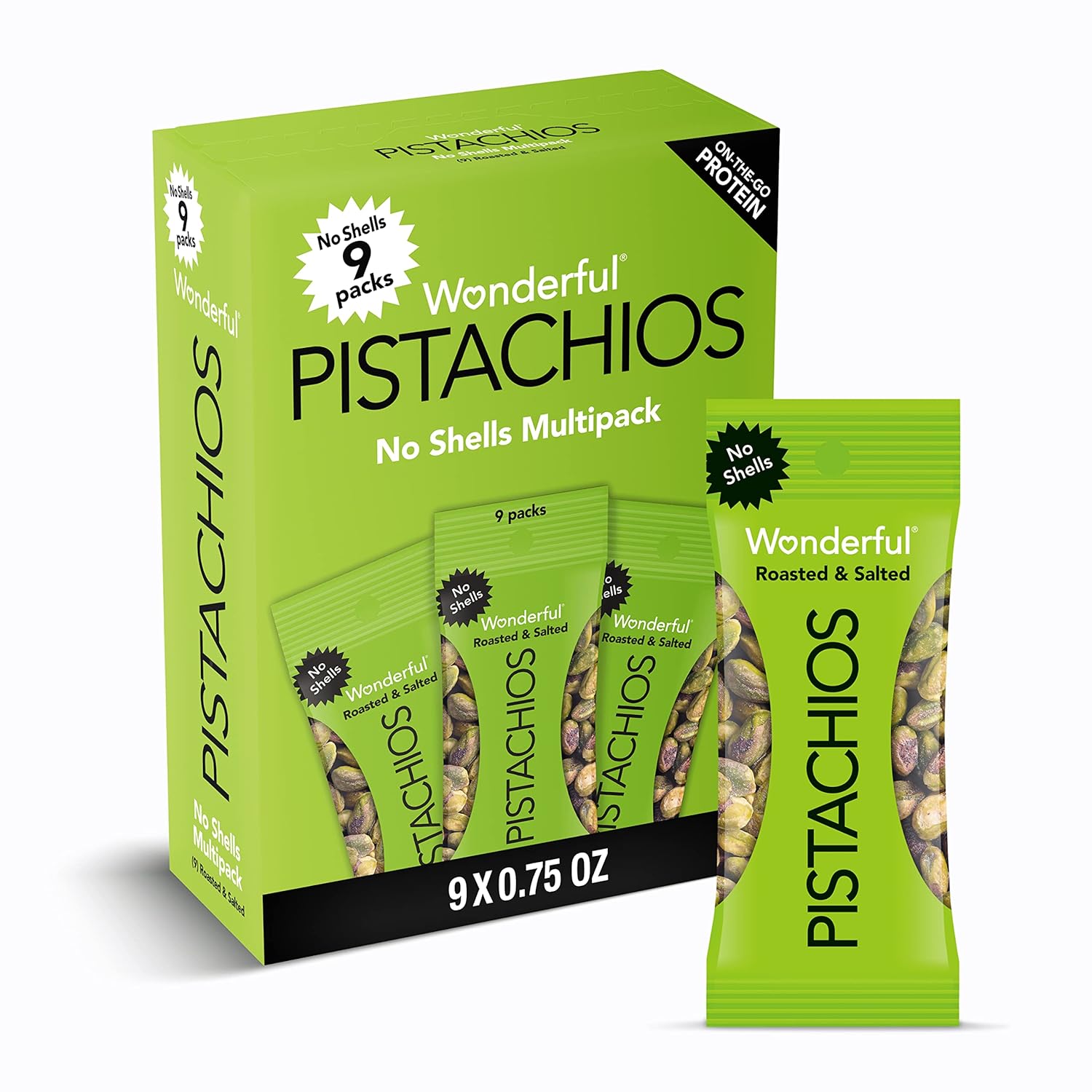 Wonderful Pistachios No Shells, Roasted & Salted Nuts, 0.75 Ounce Bag (Pack Of 9), Protein Snacks, Gluten Free, On-The-Go, Individually Wrapped Healthy Snacks