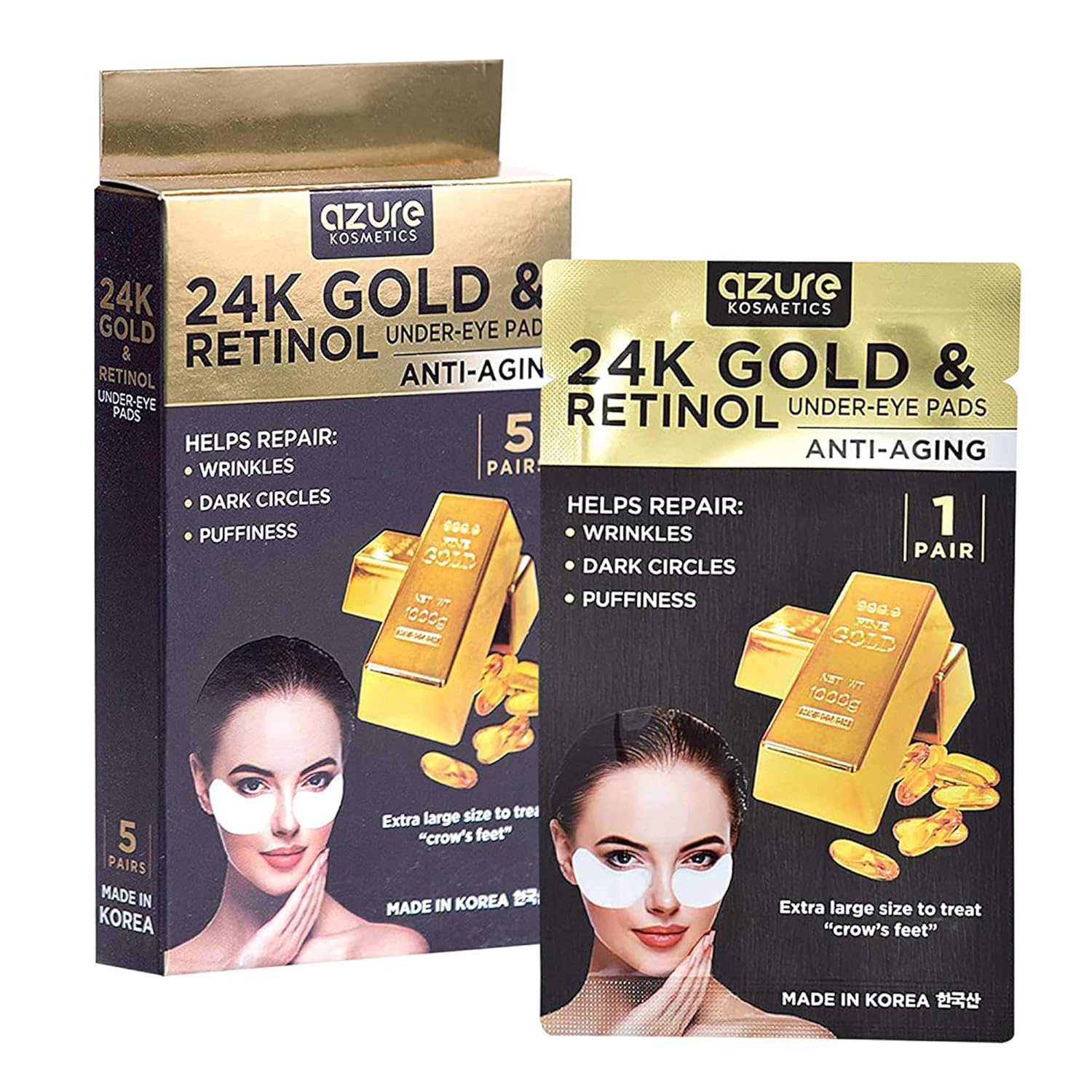 Azure Cosmetics 24K Gold & Retinol Anti Aging Under Eye Patches - Firming, Restoring & Deeply Hydrating Eye Mask - Reduces Fine Lines, Wrinkles, Dark Circles & Puffiness - Made In Korea, 5 Pairs