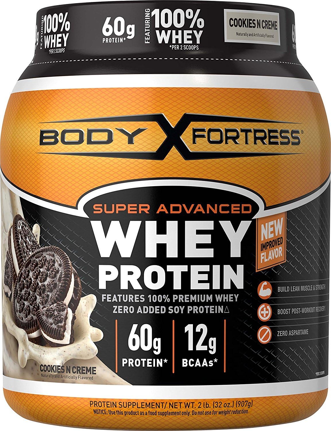 Body Fortress Whey Protein Powder, Cookies N' Creme, Aspartame Free, 60 G Protein Per Serving, 2 Lbs