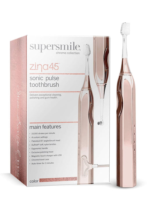 Supersmile Zina45 Deluxe Sonic Pulse Electric Toothbrush w/Patented 45° Soft Bristles, USB Rechargeable Whitening Tooth Brush w/Polishing Head and Travel Case for Adults & Children