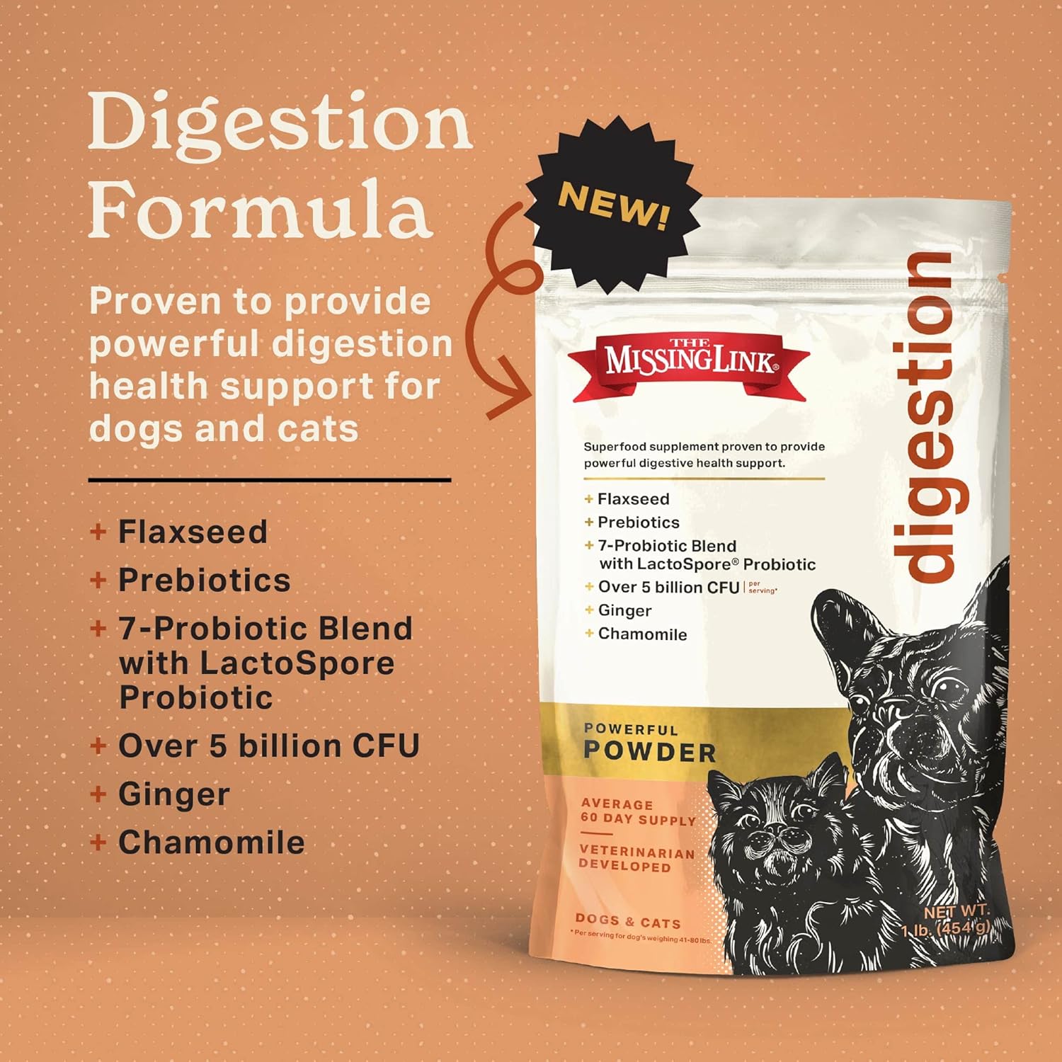 The Missing Link Digestion Superfood Supplement Powder for Dogs & Cats - Fiber, 7-Probiotic Blend + Chicory Root Prebiotic, Ginger, Chamomile - Supports Daily Digestive & Bowel Health - 1lb : Pet Supplies