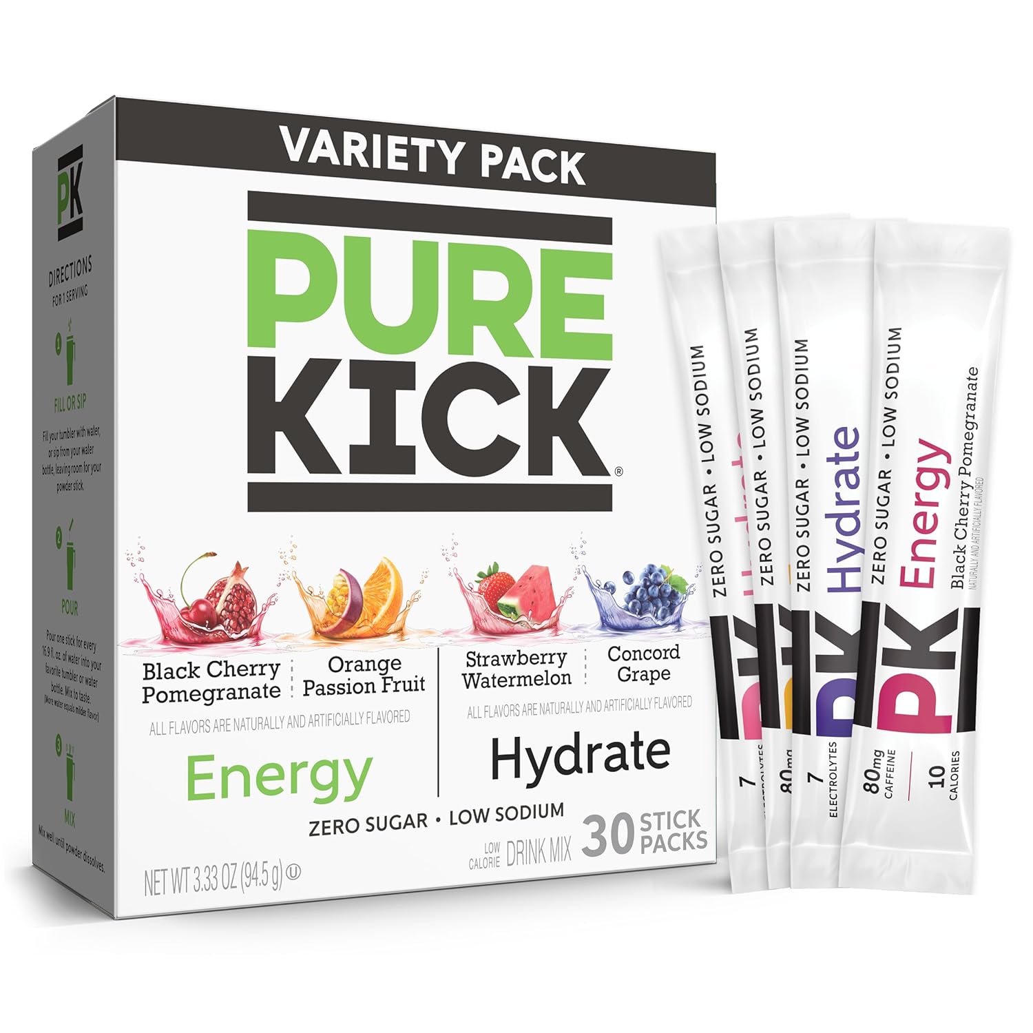 Pure Kick Energy And Hydrate Singles To Go Drink Mix Variety Pack, Black Cherry Pomegranate, Orange Passion Fruit, Strawberry Watermelon And Concord Grape, 30 Count (Pack - 1)