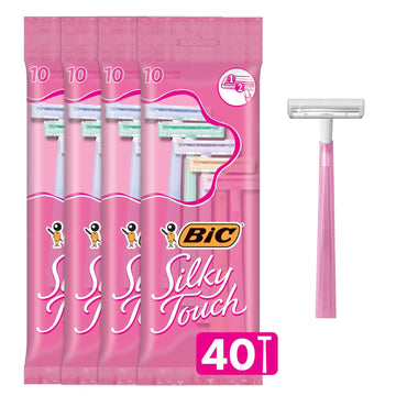 Bic Silky Touch Women'S Disposable Razors, With 2 Blades, Pretty Pastel Razor Handles, 40 Count Value Pack Of Shaving Razors