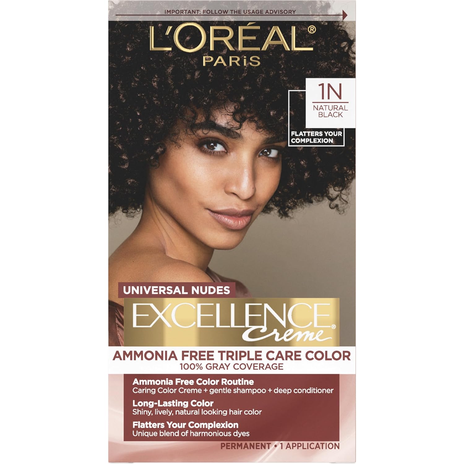 L’Oréal Paris Excellence Universal Nudes Permanent Hair Color, Ammonia Free Hair Dye For Gray Hair Coverage, 1N Natural Black, 1 Hair Dye Kit