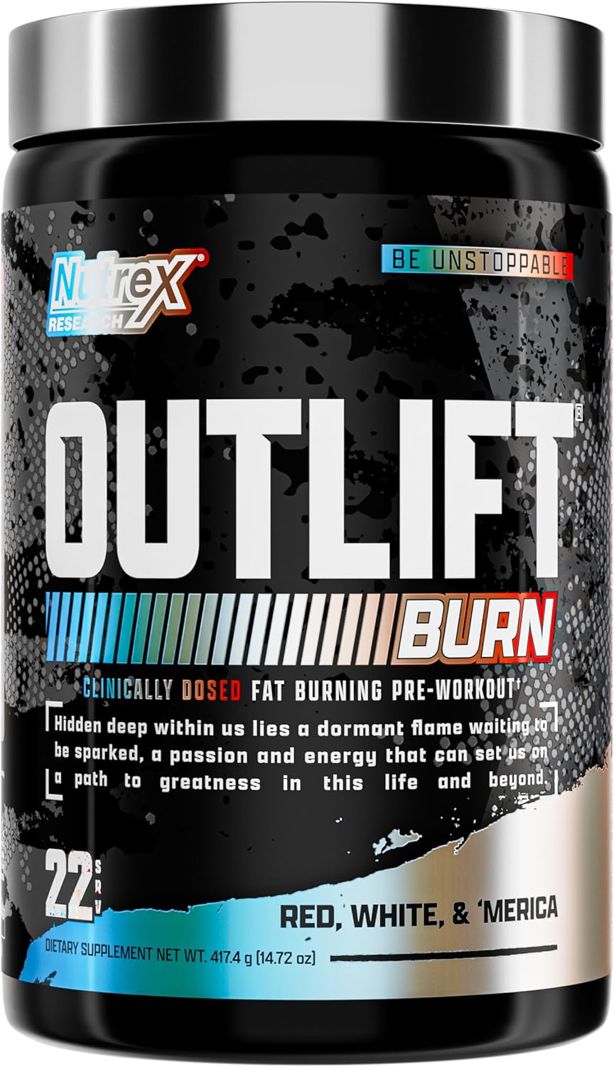 Nutrex Research Outlift Burn Pre Workout Powder, 2 In 1 Performance & Shredding Supplement With Metabolyte, Gbbgo (22 Servings, Red White Merica)