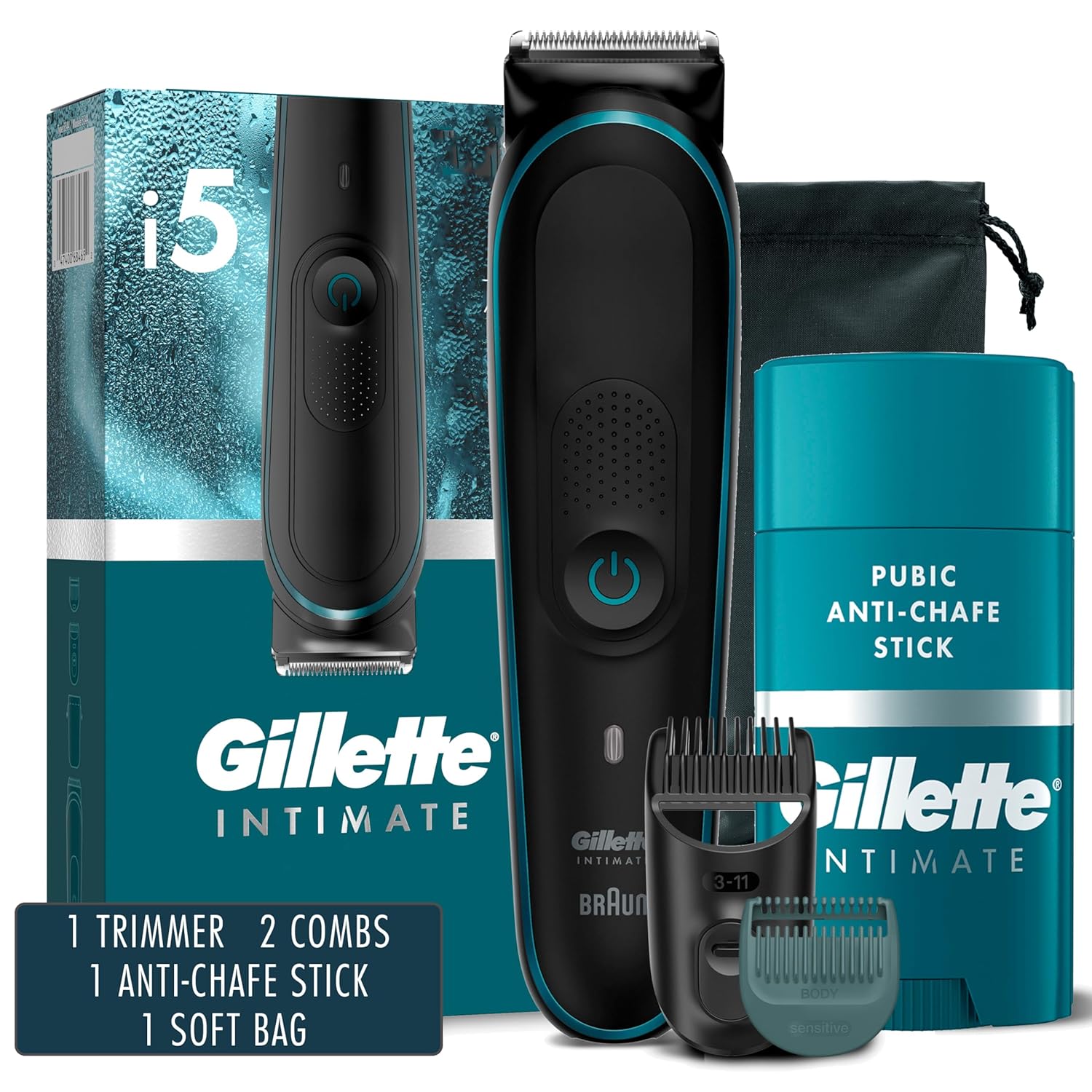 Gillette Intimate Men’S Pubic Hair Trimmer, Skinfirst Pubic Hair Trimmer For Men, Waterproof, Cordless For Wet/Dry Use, Shaver For Men, Lifetime Sharp Blades, Includes Anti Chafe Stick, Gift Set