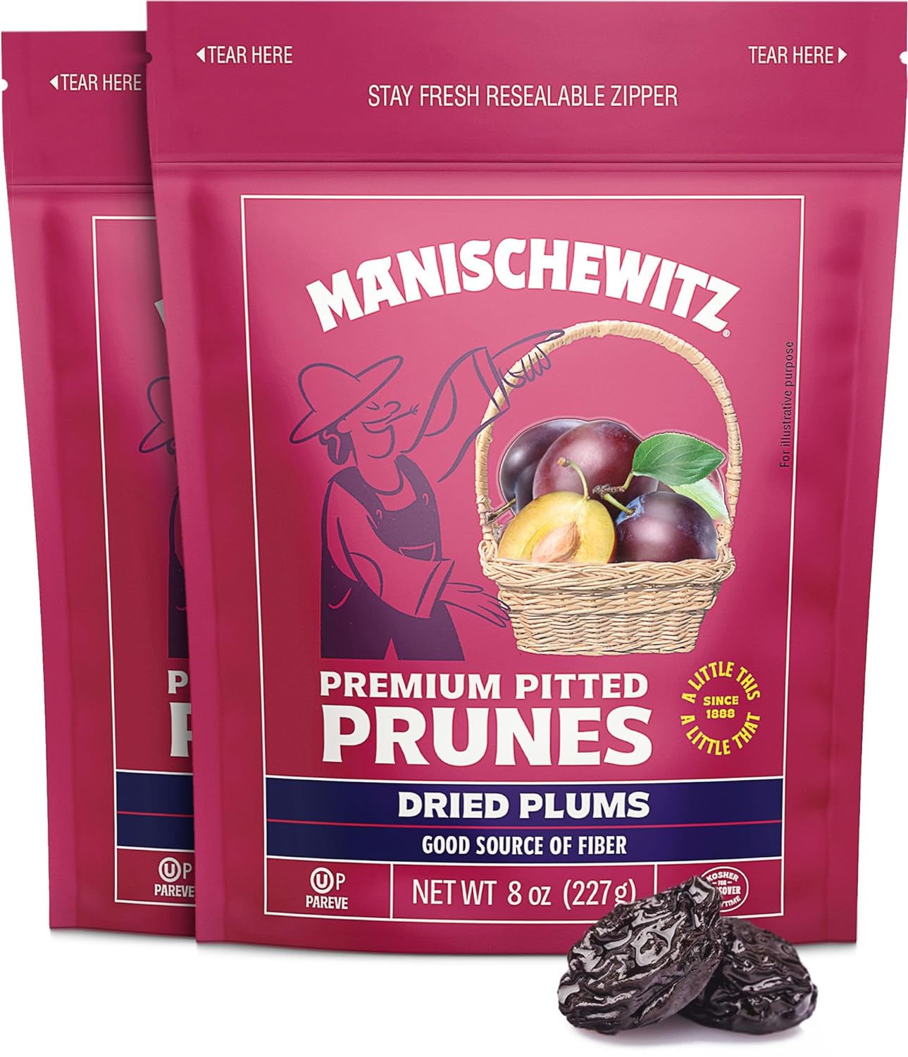 Manischewitz Premium Unsweetened California Pitted Prunes, 8oz (2 Pack = 1 Pound ) | Resealable Bags | Gluten Free | No Sugar Added | Good Source of Fiber | Product of the USA | Kosher | Made from Dried Plums