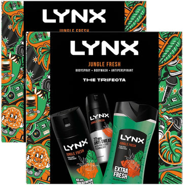 Lynx Jungle Fresh The Trifecta 3-In-1 Body Wash 225 Ml, 48Hrs High Definition Body Spray 150 Ml & 72Hrs Antiperspirant 150 Ml 3 Pieces Gift Set For Him,2Pk