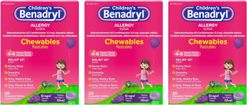 Benadryl Children'S Allergy Chewables With Diphenhydramine Hcl, Antihistamine Chewable Tablets In Grape Flavor, Three Pack, 3 X 20 Ct Each, 60 Ct