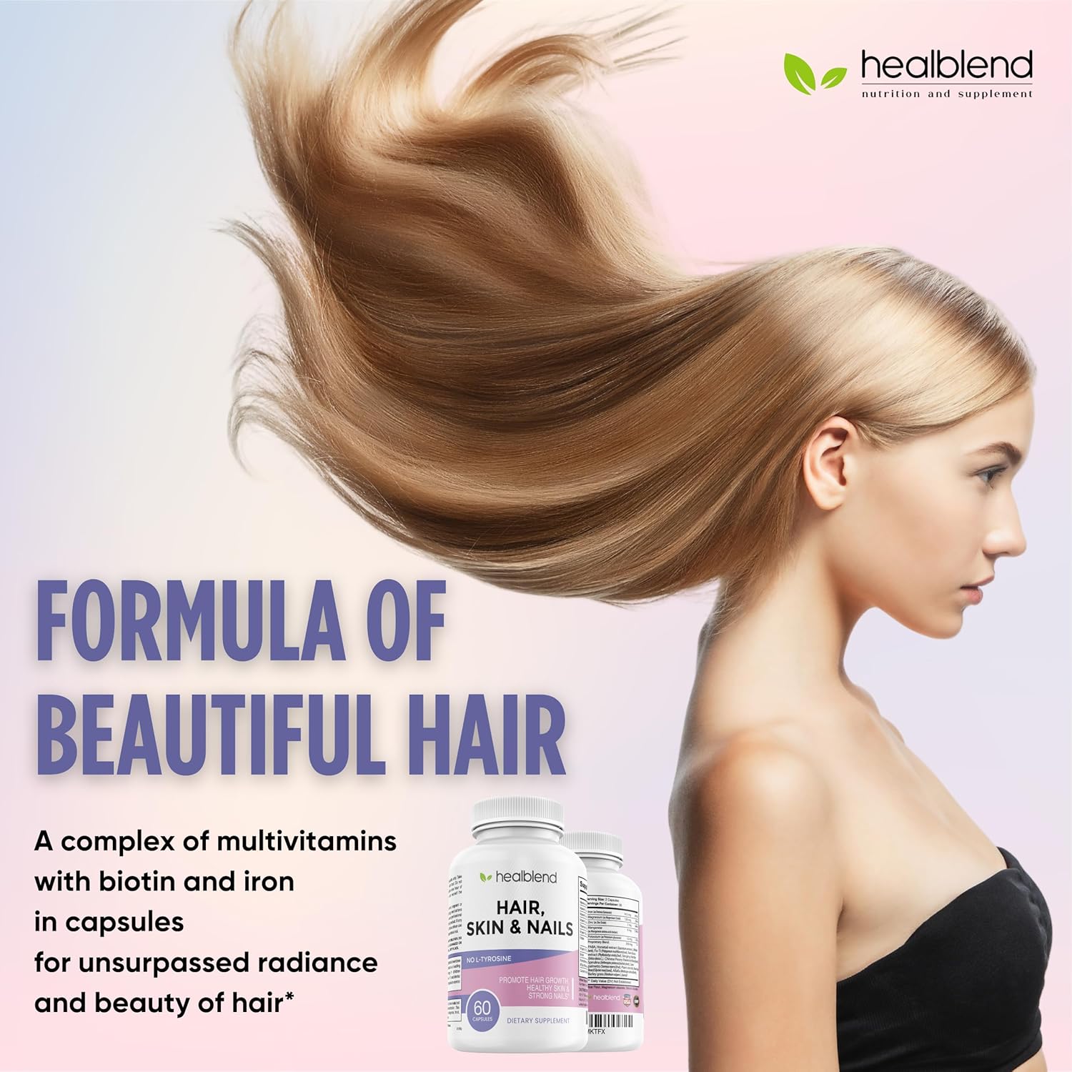 Healblend Hair Skin And Nails Vitamins For Women With Biotin 5000 Mcg, Iron And Manganese | Vegan, Non-Gmo | 60 Capsules : Health & Household