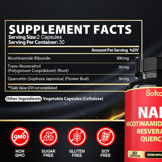 Satoomi Nad+ Supplement With Nicotinamide Riboside Nr, Resveratrol, Quercetin - 60 Count - 30 Days