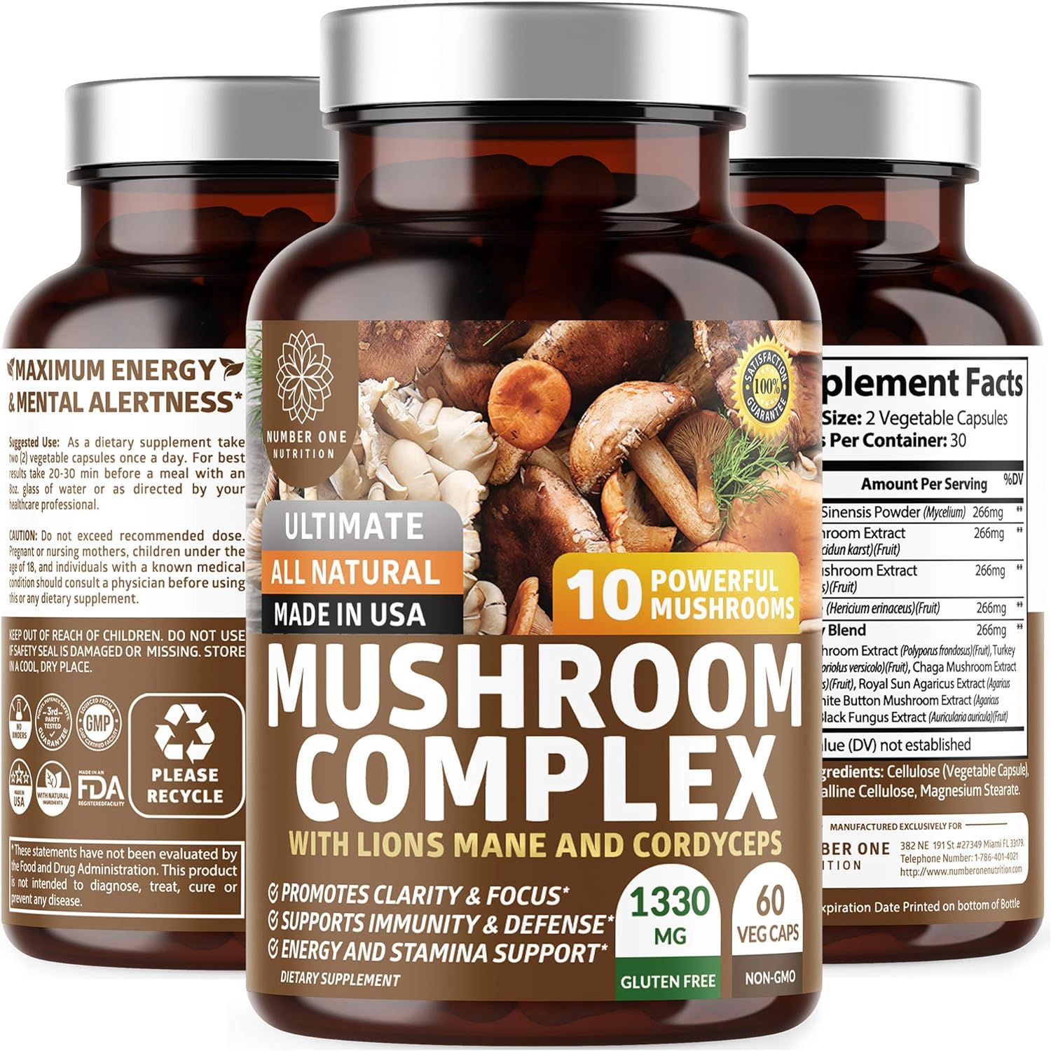 N1N Premium Mushroom Complex [10X Powerful Mushrooms] With Reishi, Lions Mane, Cordyceps, Chaga, Turkey Tail And Maitake To Support Health, Brain Functions And Energy Levels, 60 Veg Caps
