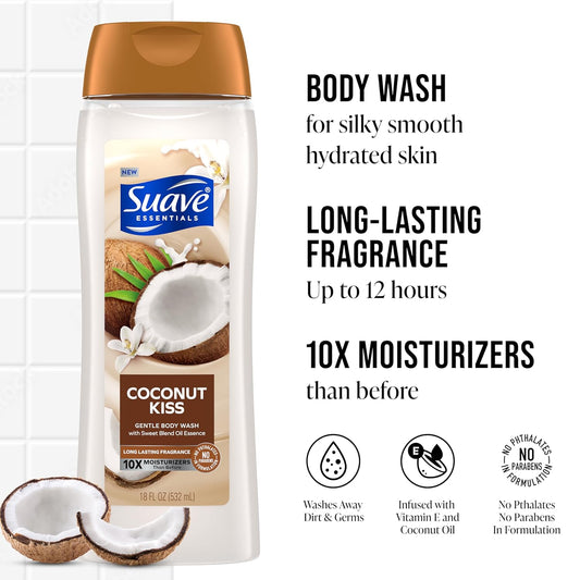 Suave Moisturizing Body Wash Women, Coconut Kiss With Vitamin E And Aloe Extracts, No Parabens, No Phthalates, 18 Oz (Pack Of 6)