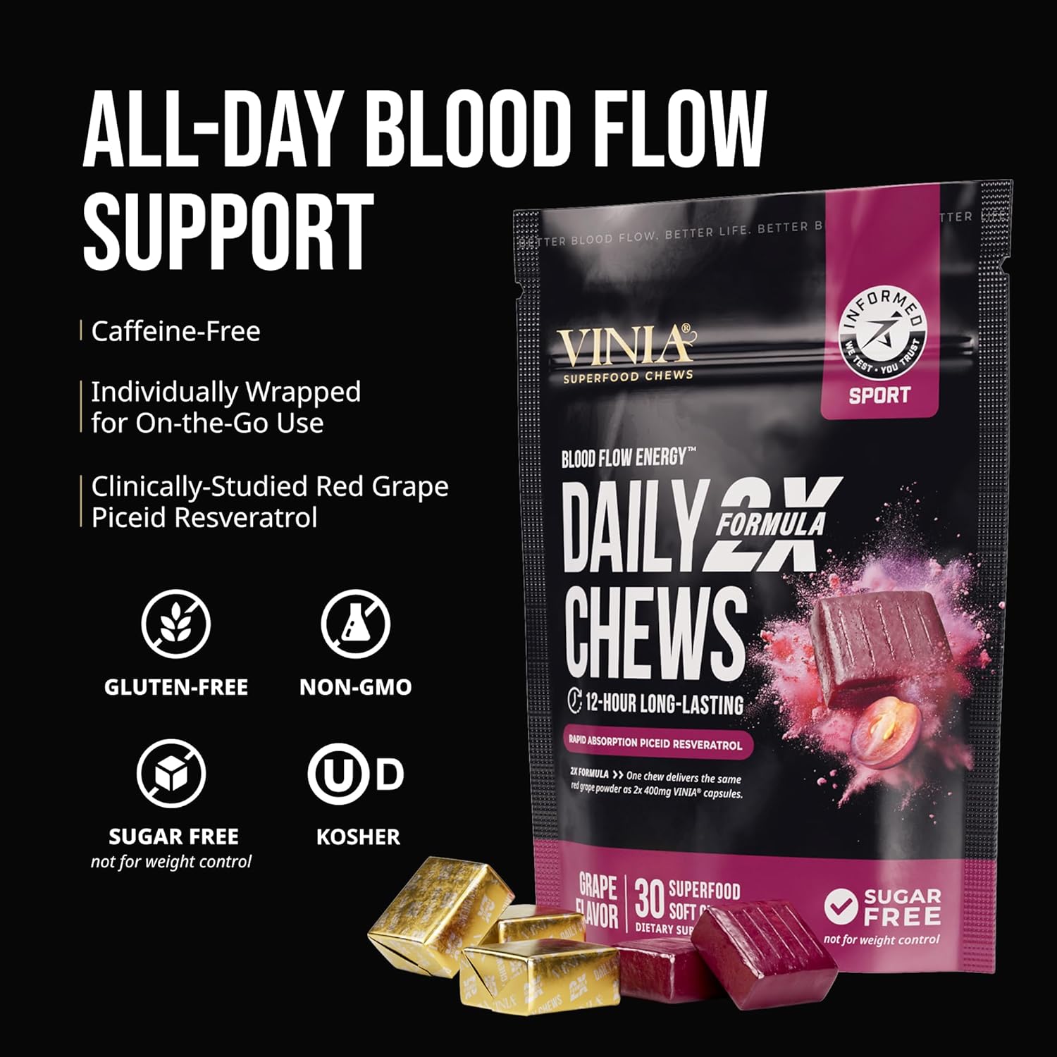 Vinia Superfood Daily Chews 2X Formula – Red Grape Chews Made With Real Piceid Resveratrol For Heart Health, Nitric Oxide, Physical Energy, Alertness, Blood Flow, Kosher, Non-Gmo – 30 Ct : Health & Household