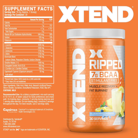 Xtend Ripped Bcaa Powder Blueberry Lemonade - Cutting Formula + Sugar Free Post Workout Muscle Recovery Drink With Amino Acids - 7G Bcaas For Men & Women - 30 Servings