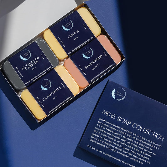 Aura Naturals Mens Soap Bar Pack Of 4 - Sandalwood, Lemon, Activated Carbon & Chamomile Scented Men Soap Bar - 150G Exfoliating Soap For Men, Natural Body Soap Gift Set