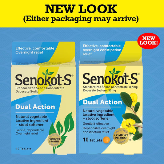 Senokot-S Dual Action Stool Softener Plus Senna Tablets, Natural Laxative With Docusate Sodium For Constipation Relief, 10 Count