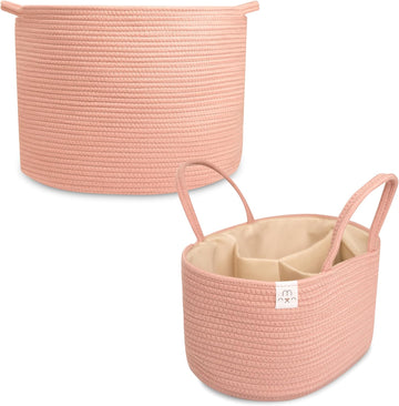 Natemia Extra Large Rope Storage Basket And Cotton Rope Diaper Caddy - Nursery Bin And Toy Organizer Laundry Basket, Basket For Towels, Pillows And Blankets, Perfect Baby Registry Gift - Misty Rose
