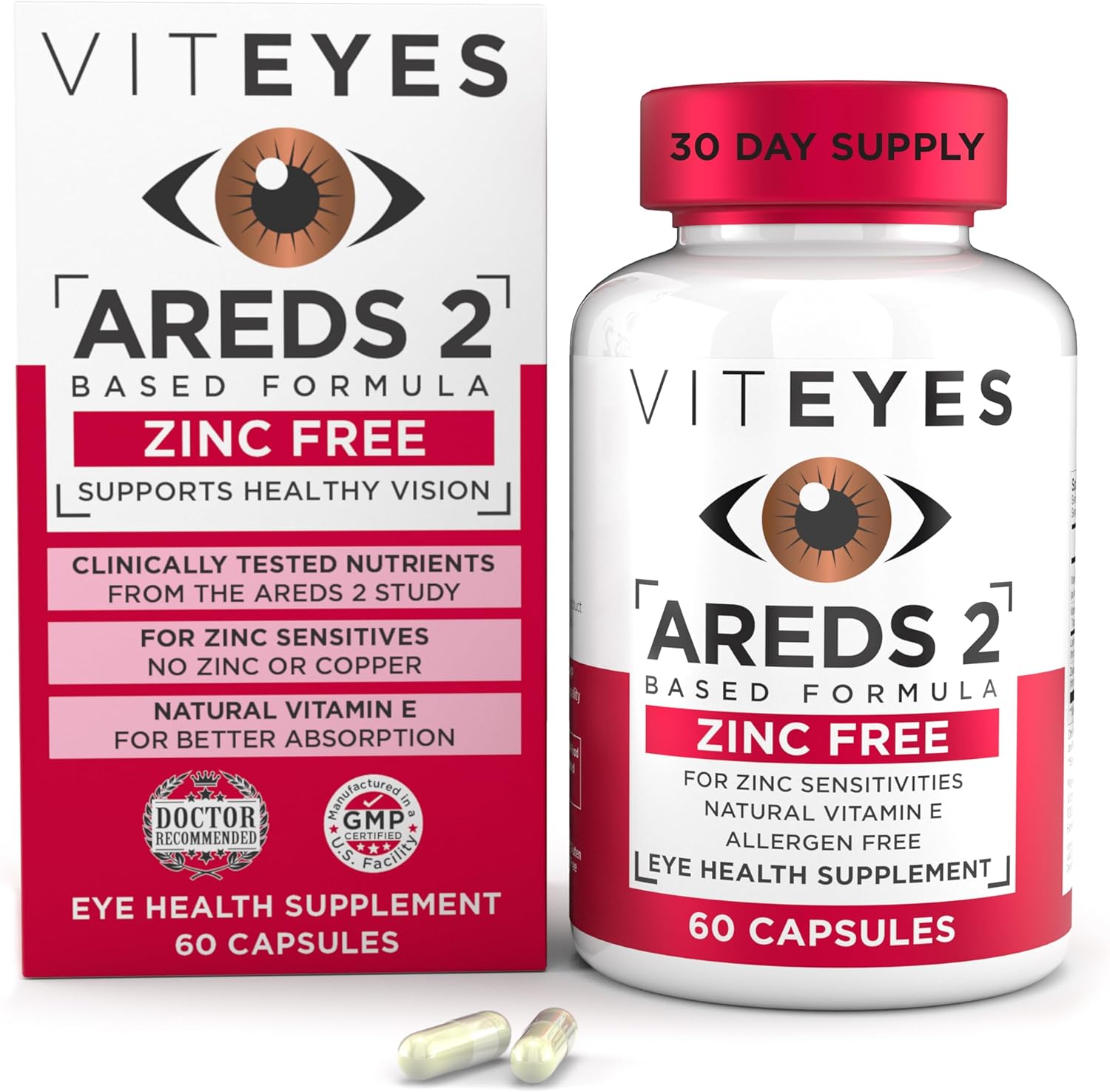 Viteyes AREDS 2 Zinc Free Macular Support, Natural Allergen Free Capsules with Vitamin E, Vitamin C, Lutein & Zeaxanthin, No Zinc, No Copper, Eye Doctor Trusted