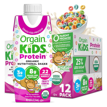 Orgain Organic Kids Nutritional Protein Shake, Fruity Cereal, Healthy Kids Snacks 8G Dairy Protein, 4G Fiber, 22 Vitamins & Minerals, Gluten Free, Non-Gmo, 8.25 Fl Oz (12 Pack) (Packaging May Vary)