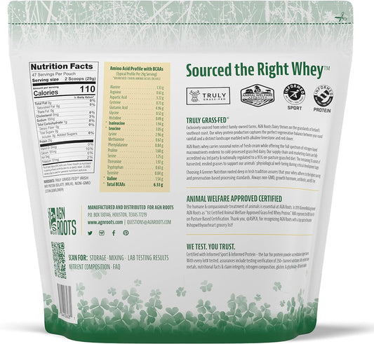 AGN Roots Grass Fed Whey Protein Powder Isolate - Unflavored - Unsweetened - Certified Entire Life On Pasture - A Greener World - ASPCA Registered Brand List - Informed-Sport - 3lbs