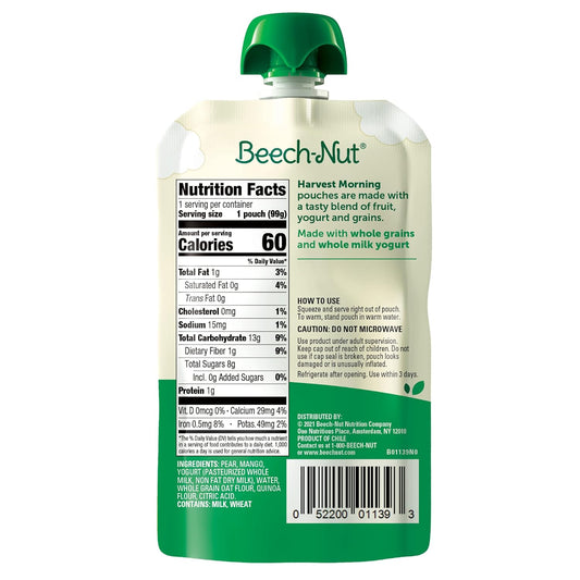 Beech-Nut Toddler Food Breakfast Pouches, Pear Mango With Yogurt & Granola Puree, 3.5 Oz (18 Pack)