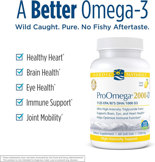 Nordic Naturals Proomega 2000-D - Fish Oil, 1125 Mg Epa, 875 Mg Dha, 1000 Iu Vitamin D3, High-Intensity Support For Cardiovascular, Neurological, Eye, And Immune Health*, Lemon Flavor, 60 Soft Gels