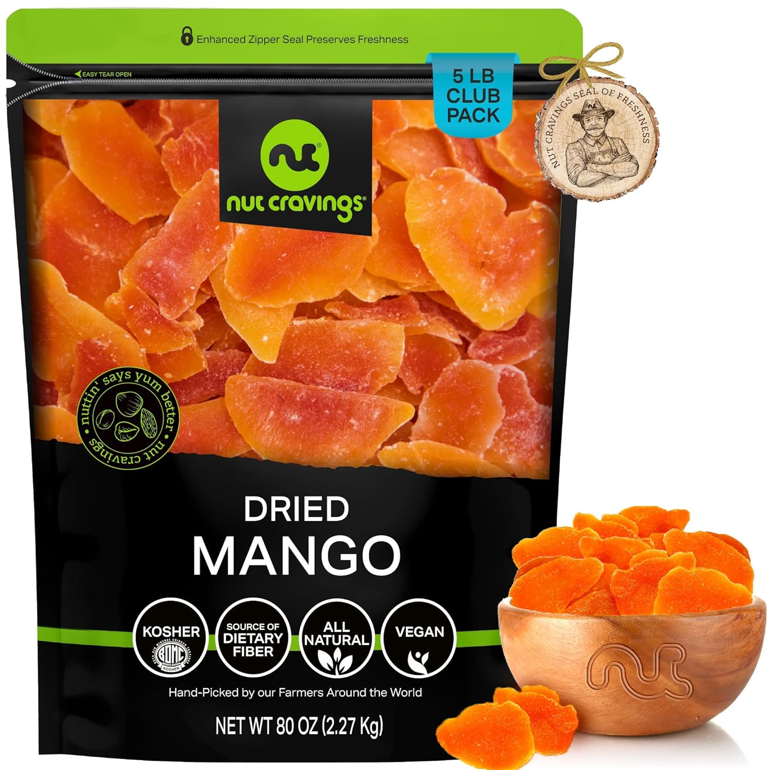 Nut Cravings Dry Fruits - Sun Dried Mango Slices, with Sugar Added (80oz - 5 LB, Bulk) Packed Fresh in Resealable Bag - Sweet Snack, Healthy Food, All Natural, Vegan, Kosher Certified