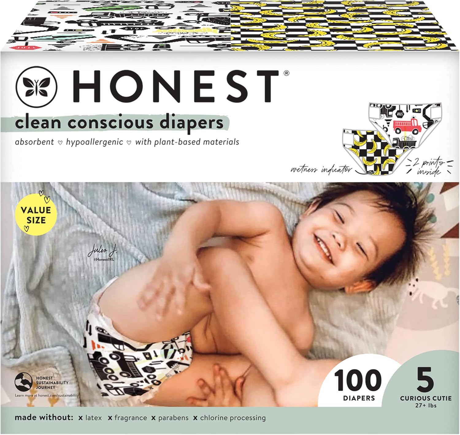 The Honest Company Clean Conscious Diapers | Plant-Based, Sustainable | Big Trucks + So Bananas | Super Club Box, Size 5 (27+ Lbs), 100 Count