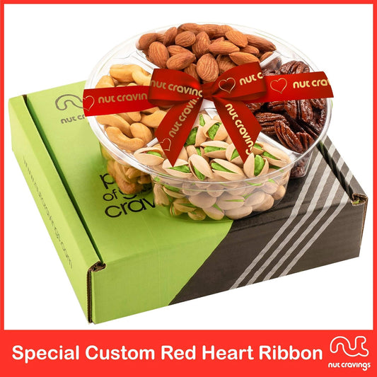 Nut Cravings Gourmet Collection - Mixed Nuts Gift Basket + Heart Ribbon (4 Assortments) Teacher Appreciation Arrangement Platter, Birthday Care Package - Healthy Kosher Usa Made