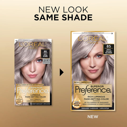 L'Oreal Paris Superior Preference Luminous Fade-Defying Permanent Hair Color, Hair Dye For Up To 9 Weeks Of Radiance, Light Silver Blonde 8S, 1 Hair Dye Kit