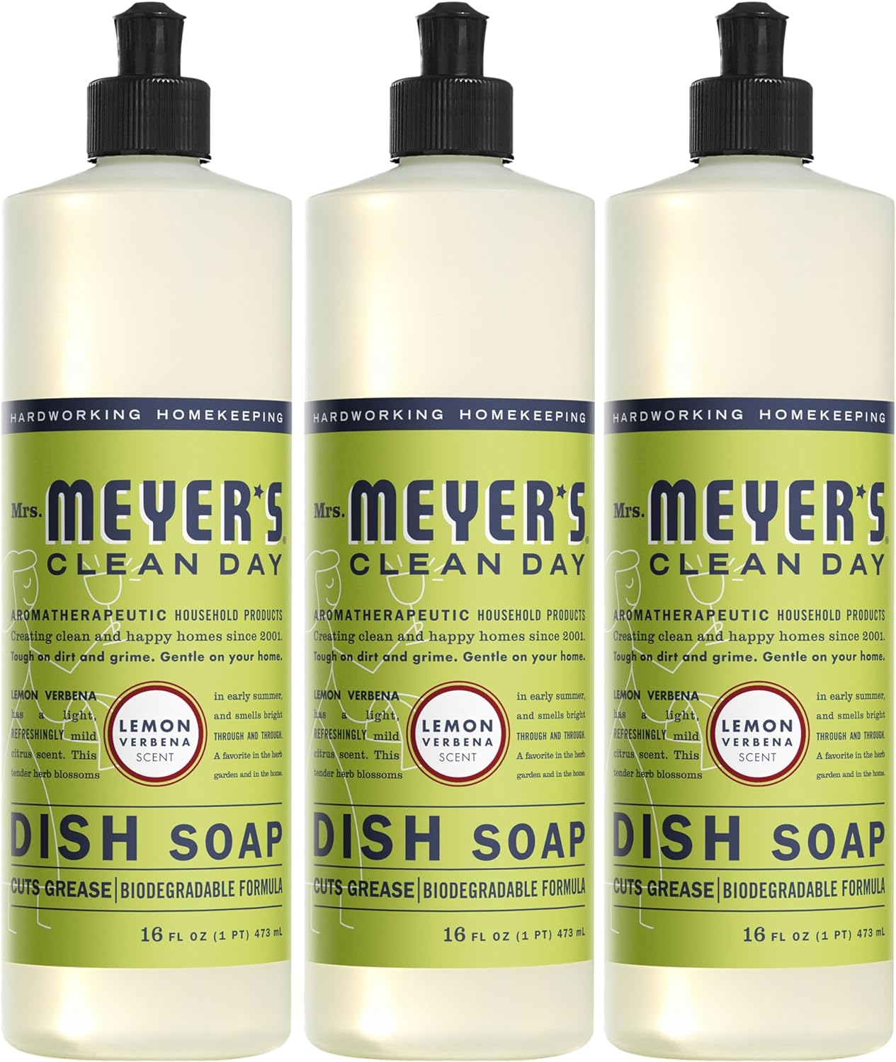 MRS. MEYER'S CLEAN DAY Liquid Dish Soap, Biodegradable Formula, Lemon Verbena, 16 fl. oz - Pack of 3