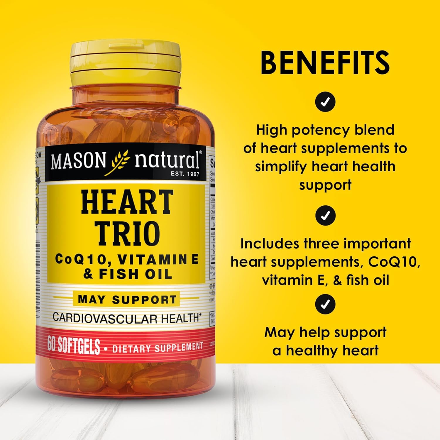 Mason Natural Heart Trio,Co Q10, Vitamin E & Fish Oil, 3 Month Suppy, Supports Normal Heart Health, 3 Pack