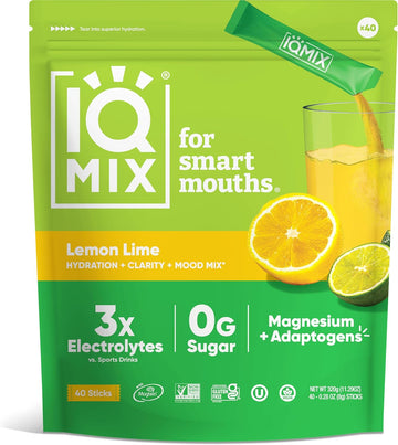 Iqmix Sugar Free Electrolytes Powder Packets - Hydration Supplement Drink Mix With Keto Electrolytes, Lions Mane, Magnesium L-Threonate, And Potassium Citrate - Lemon Lime (40 Count)