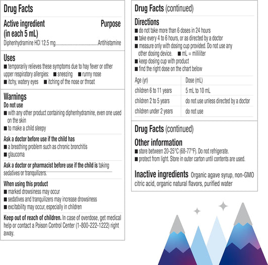 Kindermed Kids' Allergy Medicine With Diphenhydramine Hci, No Dyes, No Artificial Flavors Or Sweeteners, Vegan, Non-Gmo, Gluten Free, For Kids 6-11 Years, Organic Cherry Flavor (4 Fl Oz)