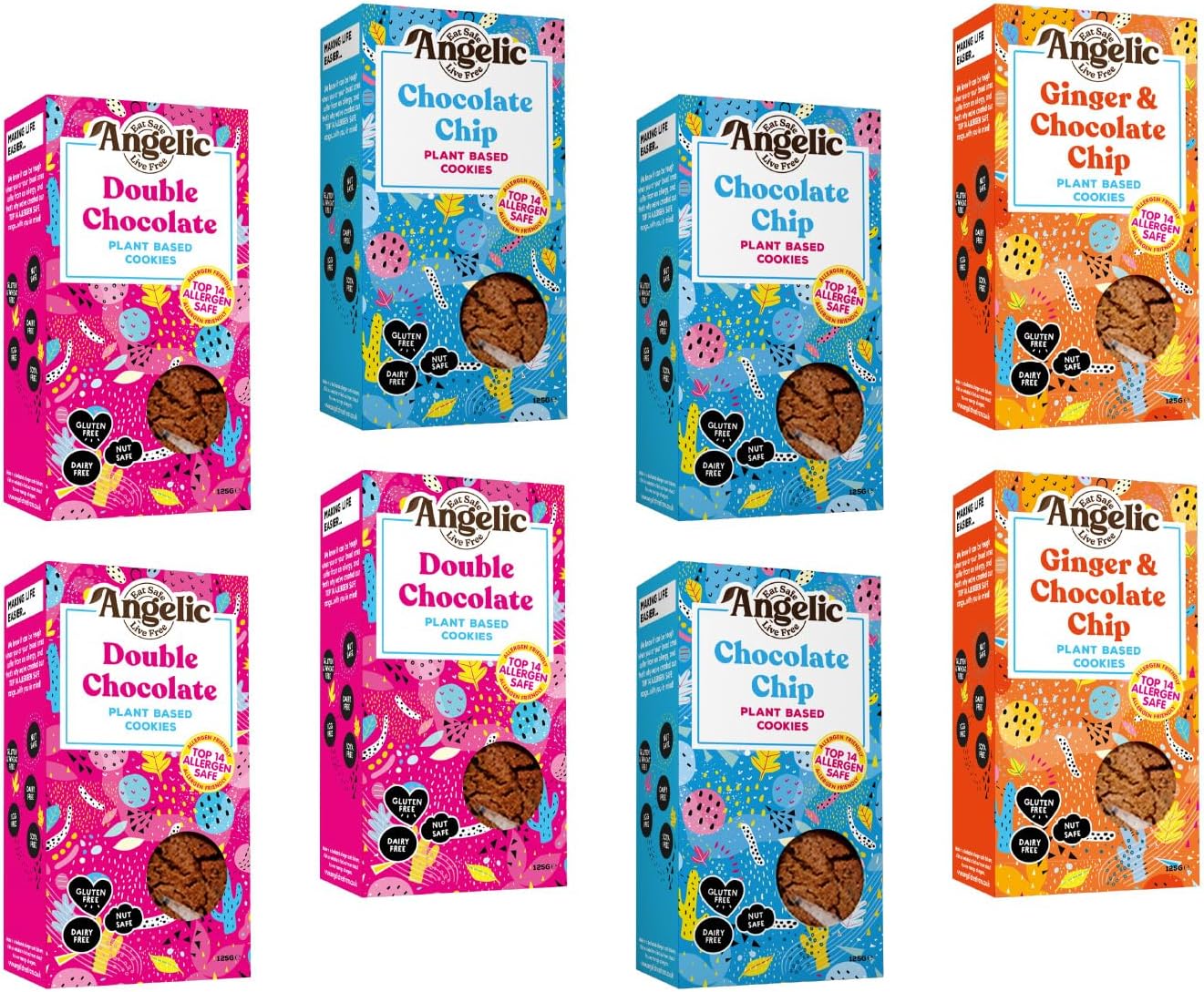 Angelic Free From 8 Pack Vegan & Gluten Free Cookies – Mixed Flavours (3 Chocolate Chip, 3 Double Chocolate, 2 Ginger & Chocolate Chip) – Allergen Safe, Dairy, Nut, Soya & Egg Free