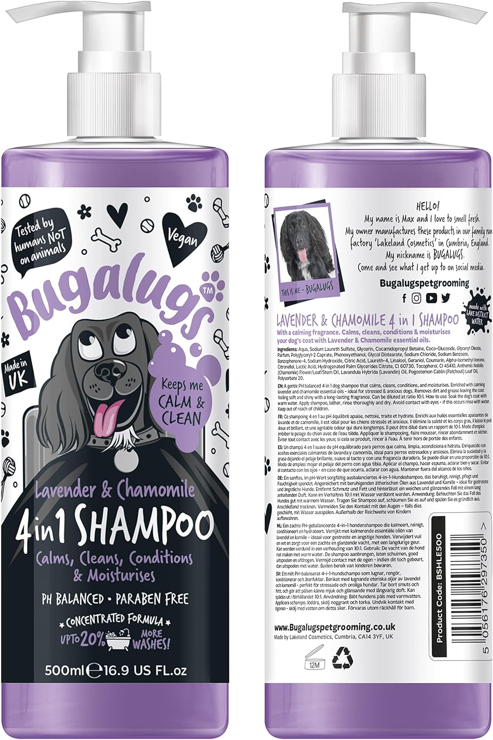 Dog Shampoo by Bugalugs lavender & chamomile 4 in 1 dog grooming shampoo products for smelly dogs with fragrance, best puppy shampoo, professional groom Vegan pet shampoo & conditioner (500ml)?5056176297350