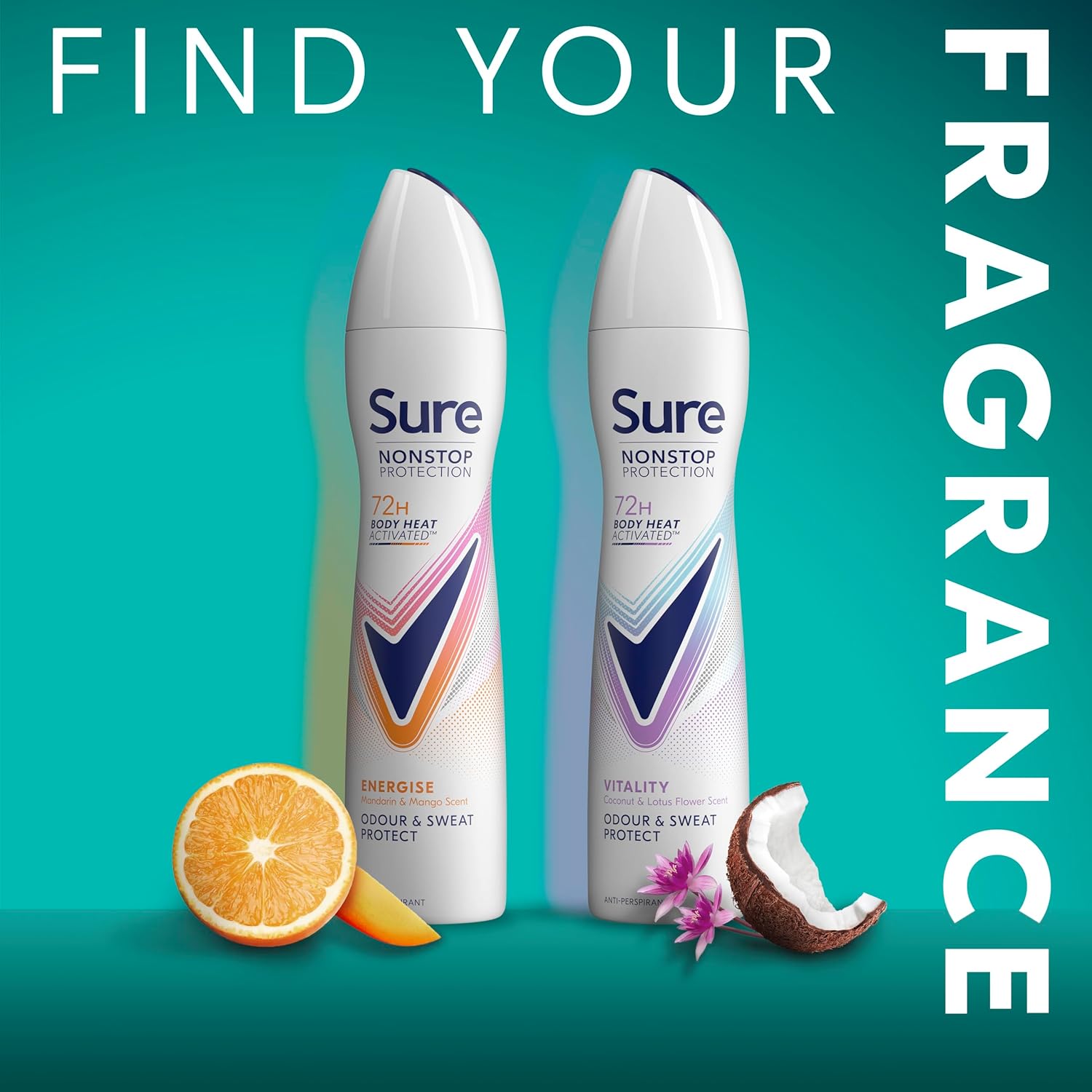 Sure Nonstop Protection Vitality Anti-Perspirant Aerosol Women's Deodorant Spray with Body Heat Activated tech. and a coconut & lotus flower scent for 72 hour odour and sweat protection 6x 250 ml : Amazon.co.uk: Beauty