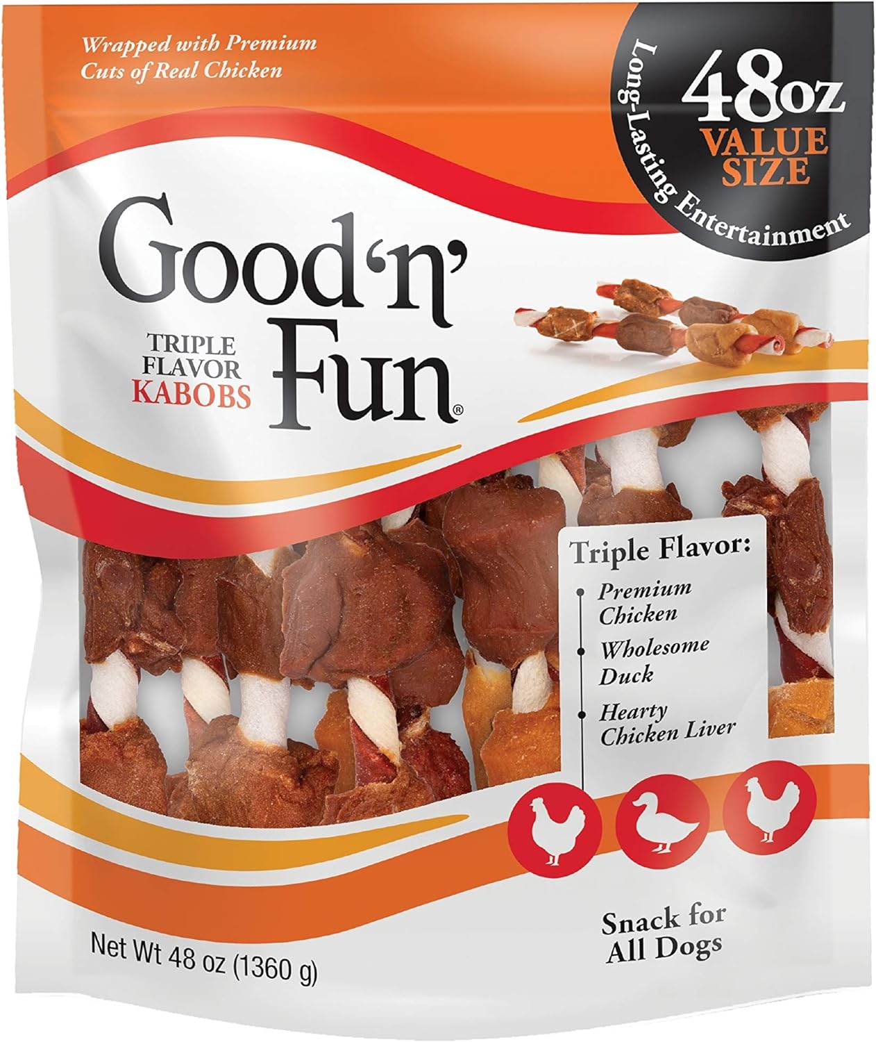 Good'N'Fun Triple Flavor Kabobs 48 Ounce, Rawhide Snack For All Dogs