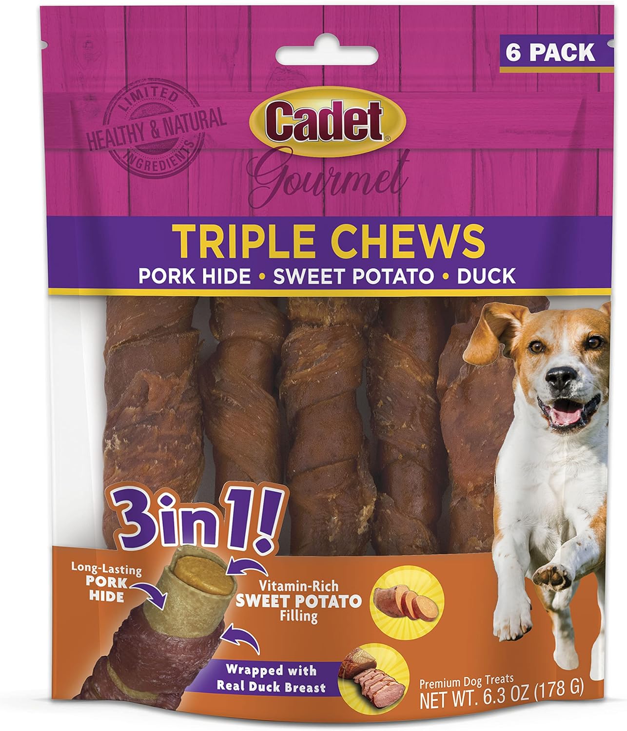 Cadet Gourmet Triple Chews Pork Hide, Sweet Potato, & Duck Dog Treats - Healthy Dog Treats for Small & Large Dogs - Inspected & Tested in USA (6 Count)