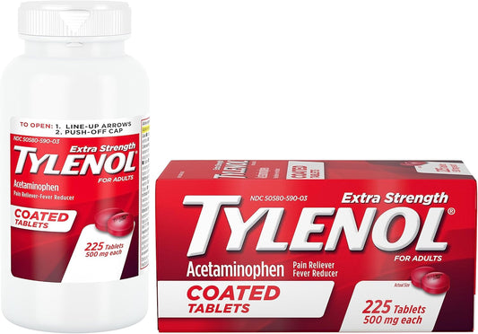 Tylenol Extra Strength Coated Tablets, Acetaminophen Adult Pain Relief & Fever Reducer, 225 Ct