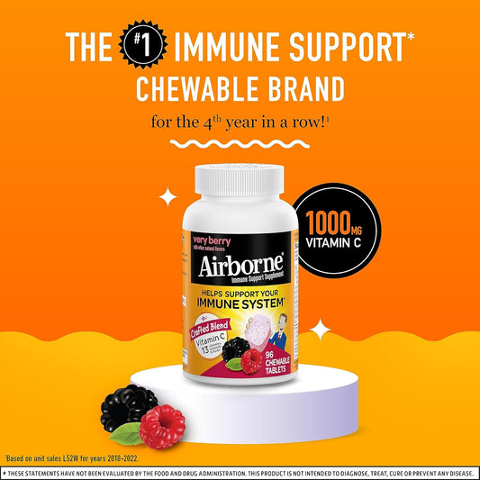 Airborne 1000Mg Vitamin C Chewable Tablets With Zinc, Immune Support Supplement With Powerful Antioxidants Vitamins A C & E - 96 Chewable Tablets, Very Berry Flavor